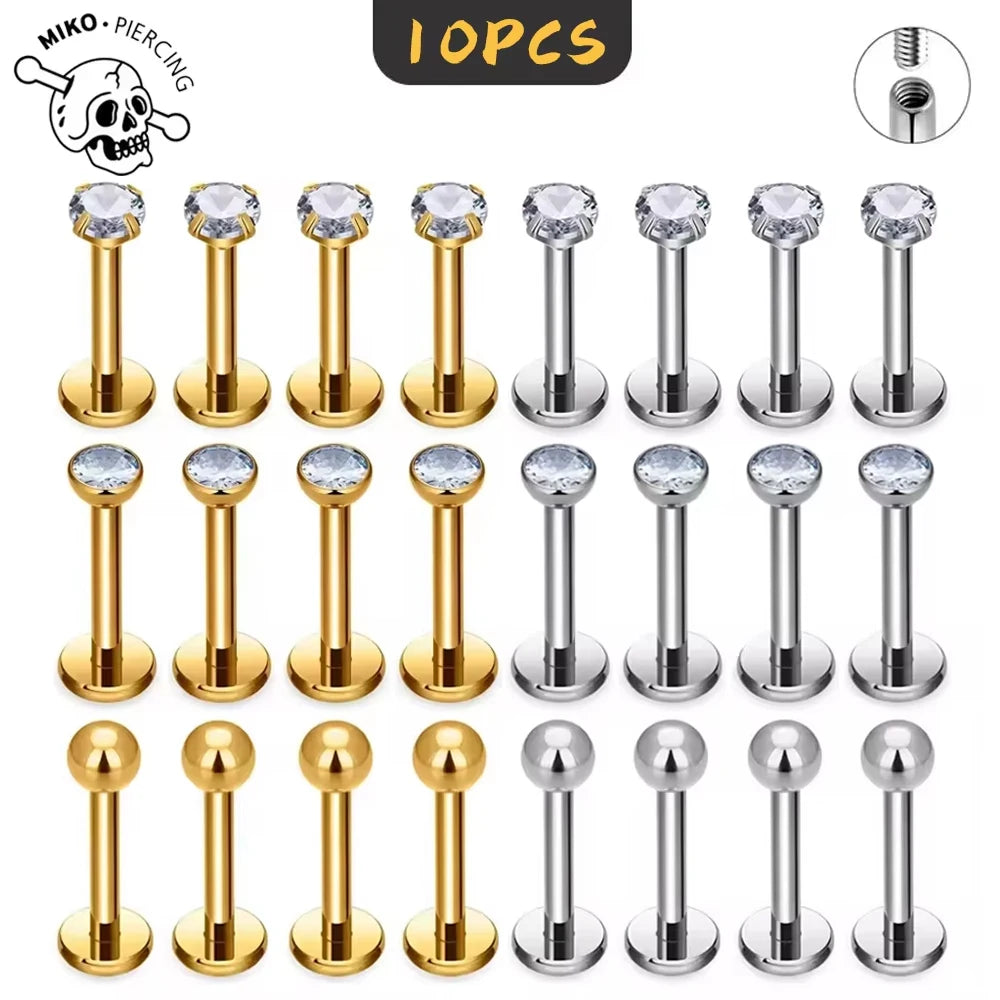 10Pc ASTM F136 G23 Titanium Labret Ear Lip Stud Jewelry CZ Stone Cartilage Tragus Earring Tongue Studs Threaded Body Jewelry