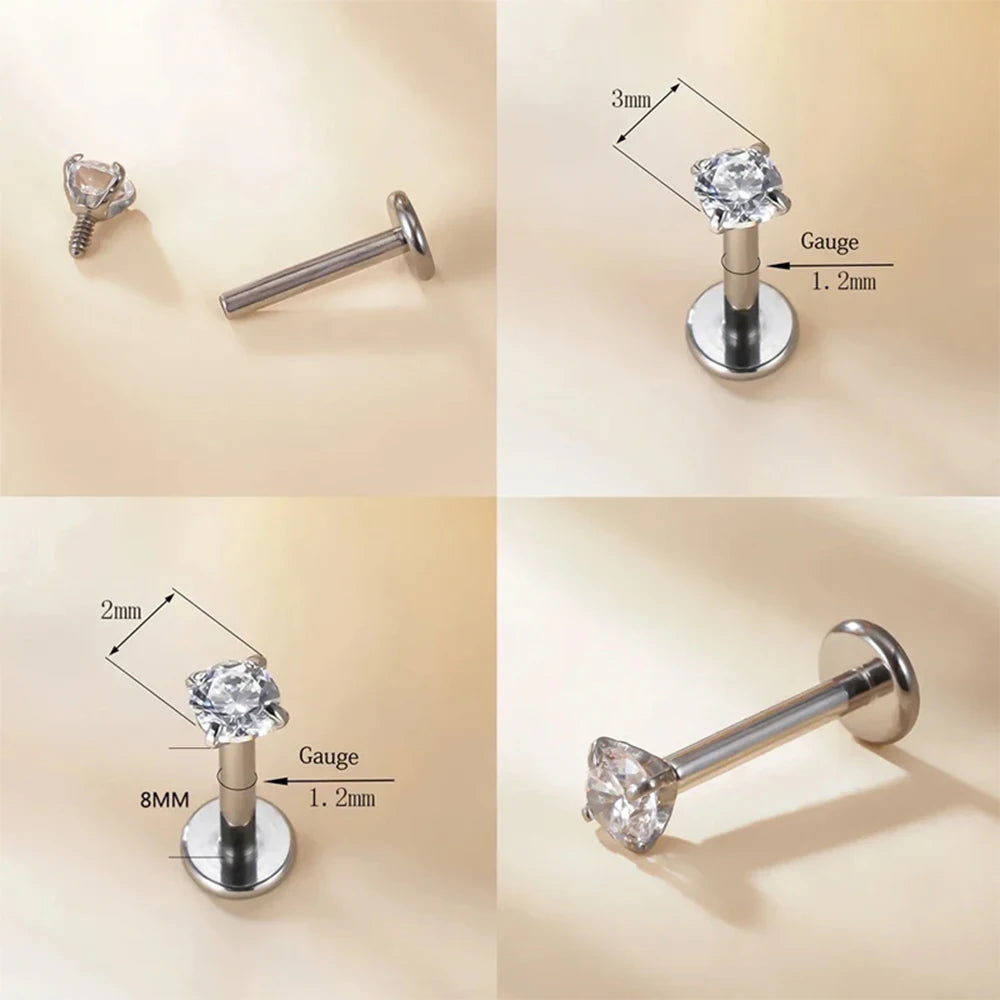 10Pcs G23 Ttianium 16G Labret Ear Lip Stud 2/2.5/3/4mm CZ Stone Cartilage Tragus Earring Tongue Studs Threaded Body Jewelry