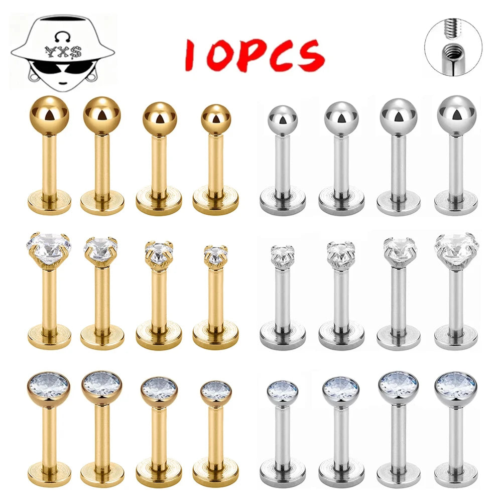 10Pcs G23 Ttianium 16G Labret Ear Lip Stud 2/2.5/3/4mm CZ Stone Cartilage Tragus Earring Tongue Studs Threaded Body Jewelry