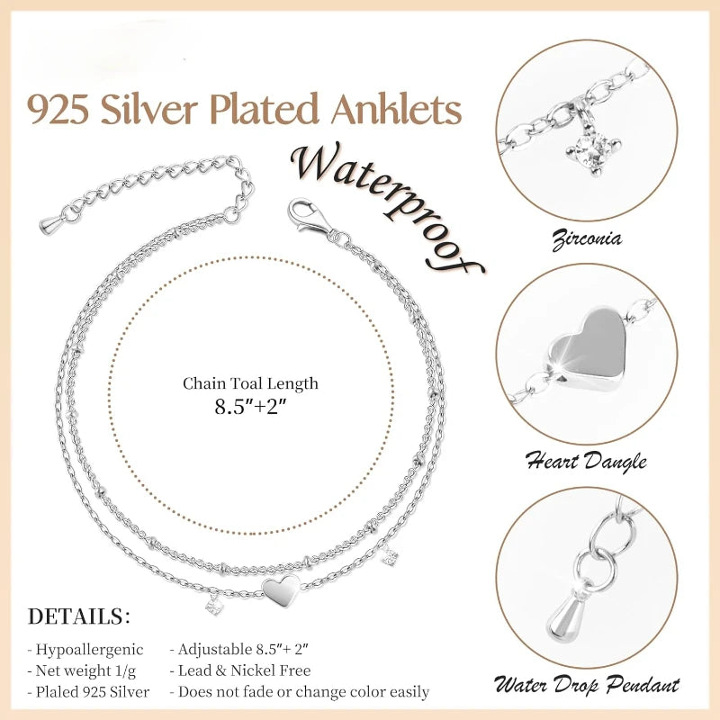 925 Silver Plated Lucky Clover CZ Anklets Waterproof Heart Charm Dainty Layer Chain Trendy Jewelry Gifts for Women Girls