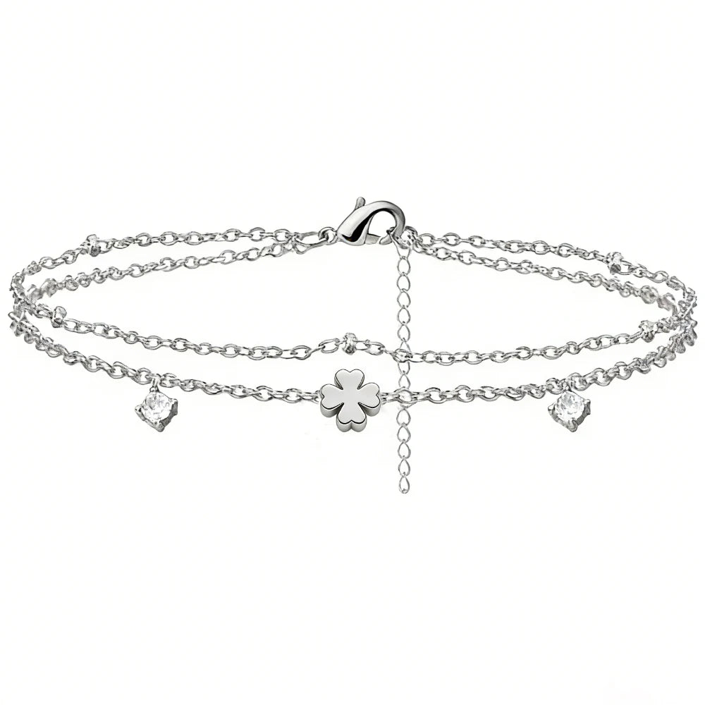 925 Silver Plated Lucky Clover CZ Anklets Waterproof Heart Charm Dainty Layer Chain Trendy Jewelry Gifts for Women Girls